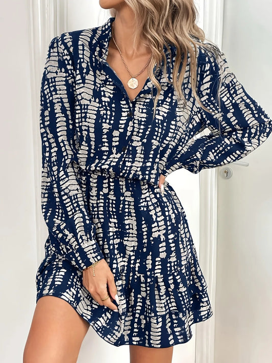 Printed Long Sleeve Shirt Dress - adritiX