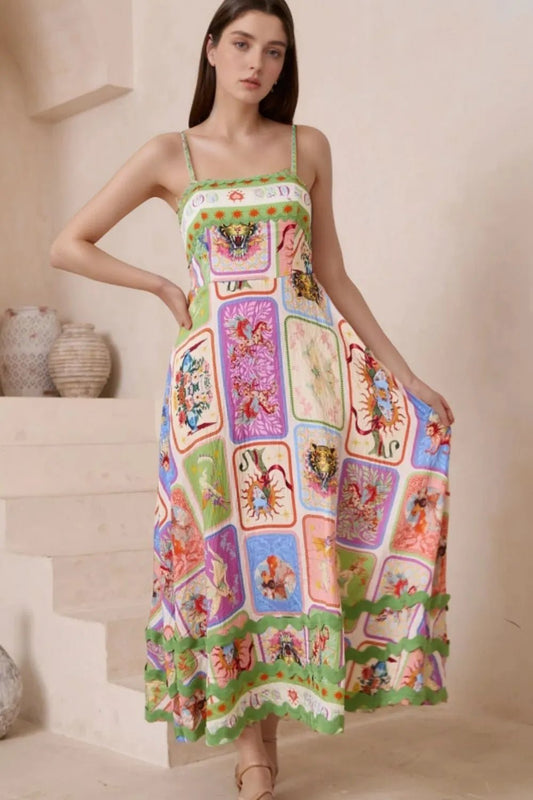 Smocked Printed Square Neck Cami Dress - adritiX