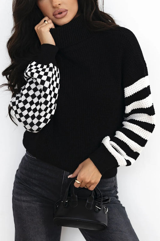 Striped & Checkered Turtleneck Dropped Shoulder Sweater - adritiX