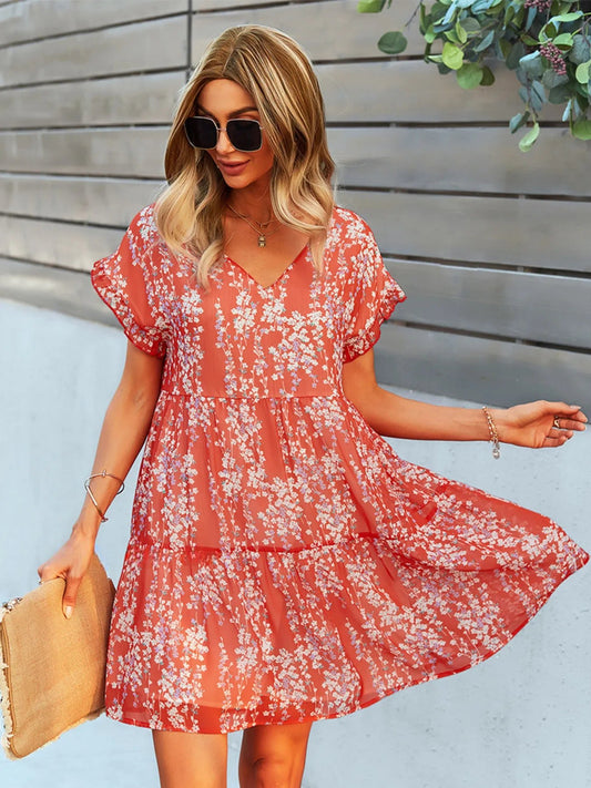 Floral Print V-Neck Ruffle Tiered Summer Mini Dress - adritiX