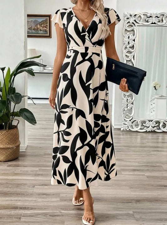 Printed Surplice Wrap Midi Dress - adritiX