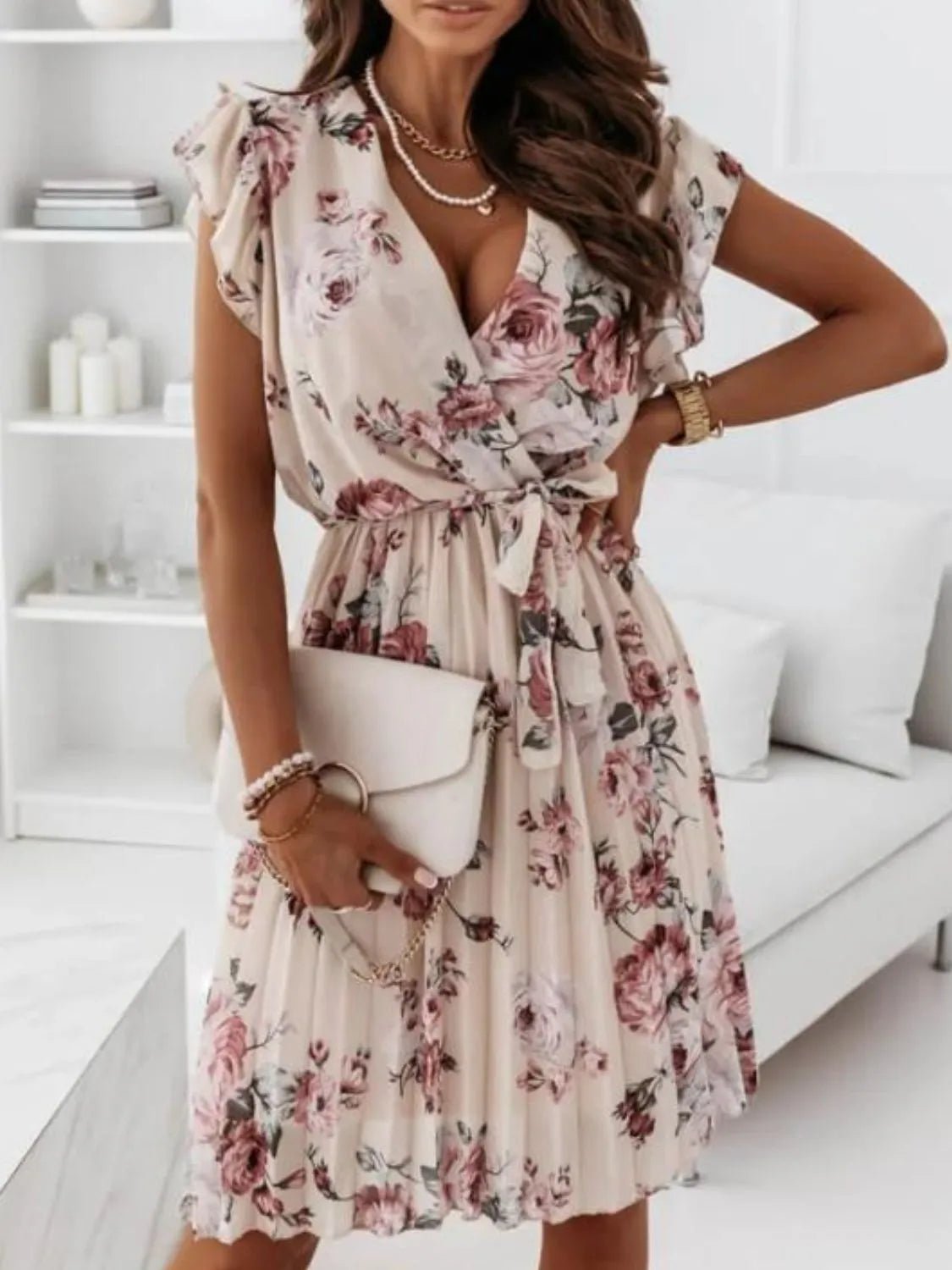 Floral Surplice Ruffled Cap Sleeve Dress - adritiX