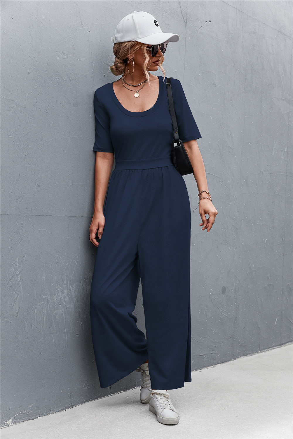 Elegant Scoop Neck Half Sleeve Wide Leg Jumpsuit - adritiX