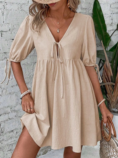 V-Neck Tie-Front Mini Dress with Puff Sleeves - adritiX