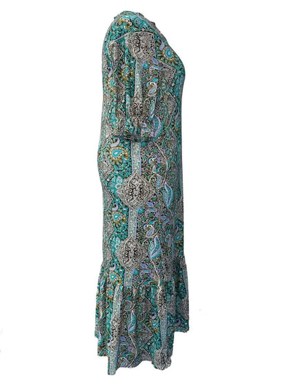 Full Size Bohemian Paisley Print Ruffle Hem Midi Dress Plus Size - adritiX