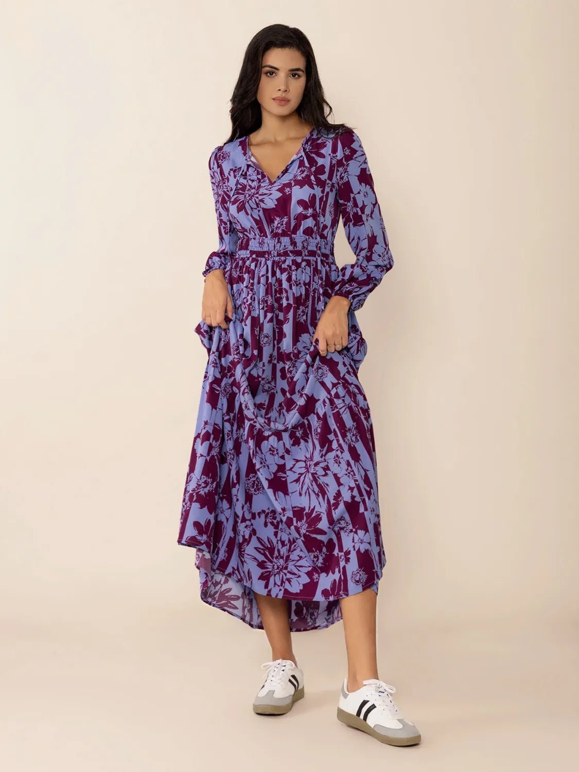 Printed Tie Neck Balloon Sleeve Maxi Dress - adritiX