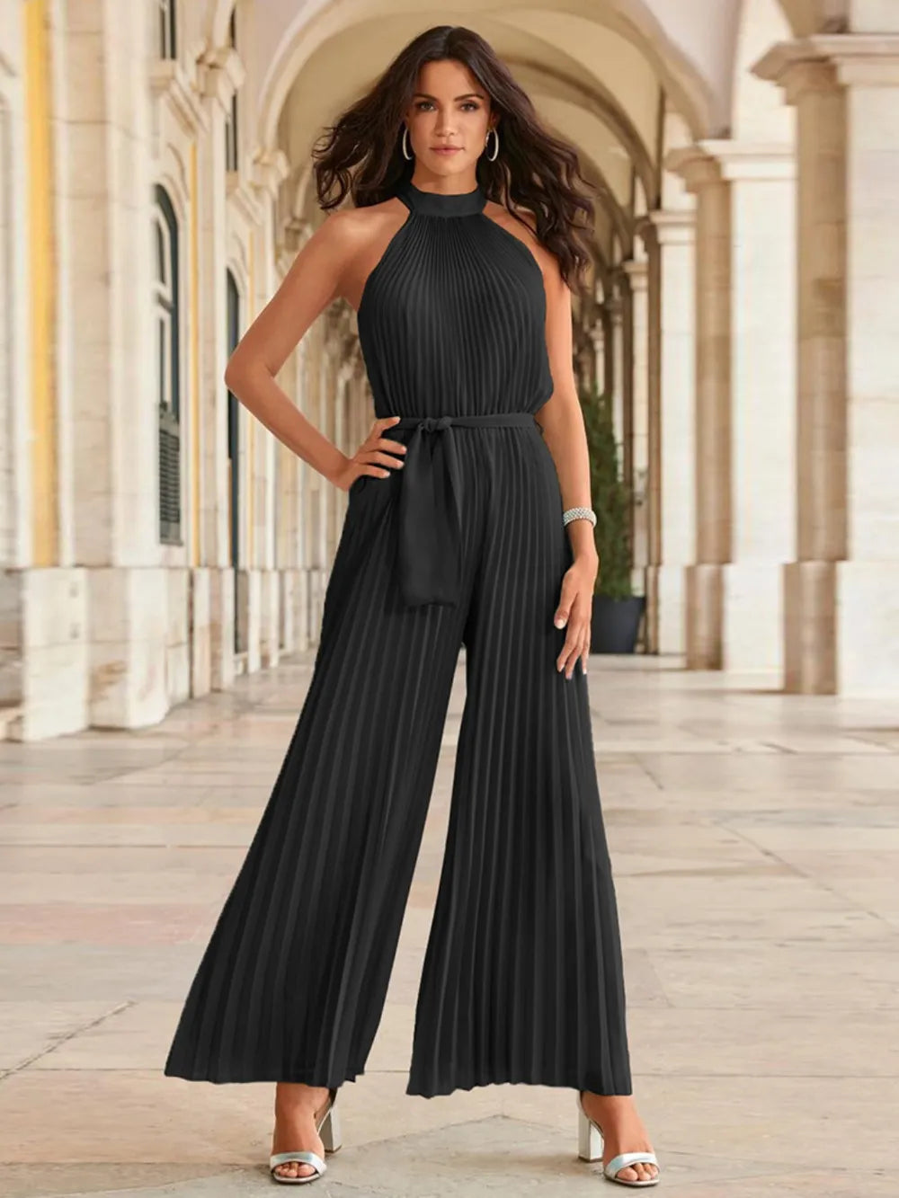 Elegant Cutout Tied Pleated Sleeveless Jumpsuit - adritiX