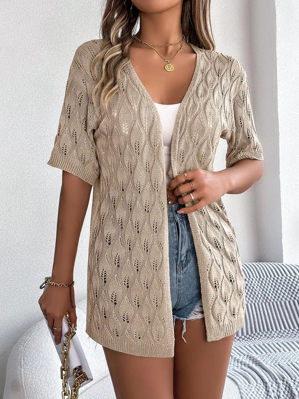 Openwork Open Front Short Sleeve Cardigan - adritiX