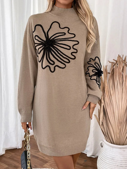 Perfee Flower Mock Neck Long Sleeve Sweater Dress - adritiX