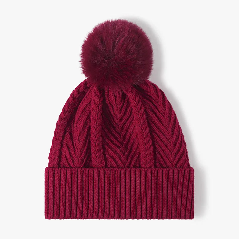 Cable Knit Solid Color Hat with Pompom - adritiX