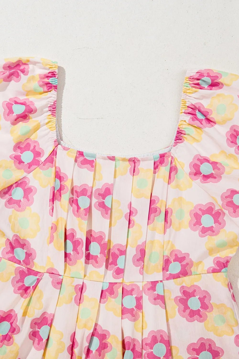 Floral Square Neck Puff Sleeve Pleated Flared Midi Dress - adritiX