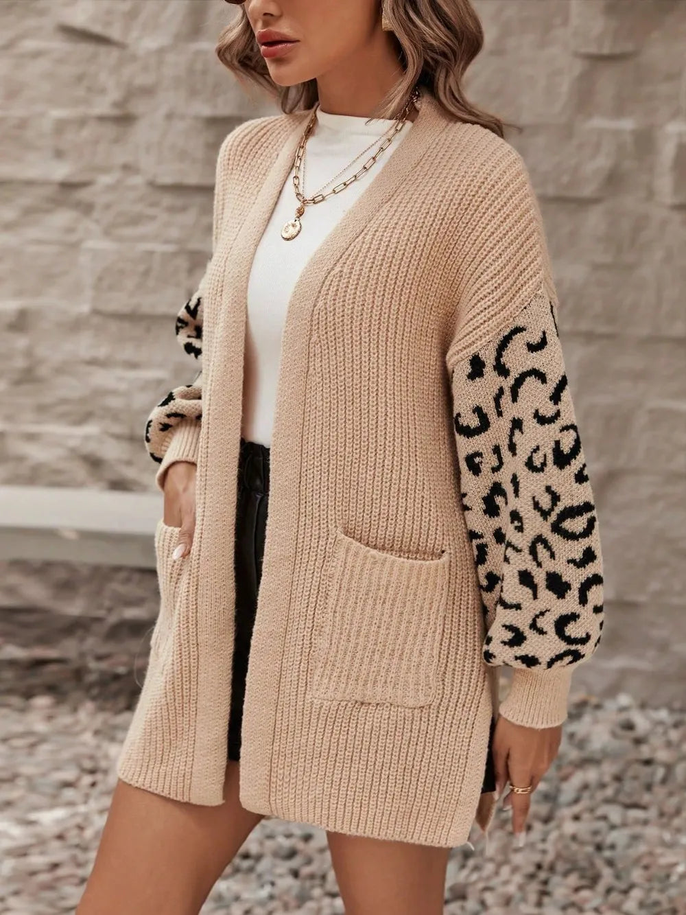 Pocketed Leopard Open Front Cardigan - adritiX