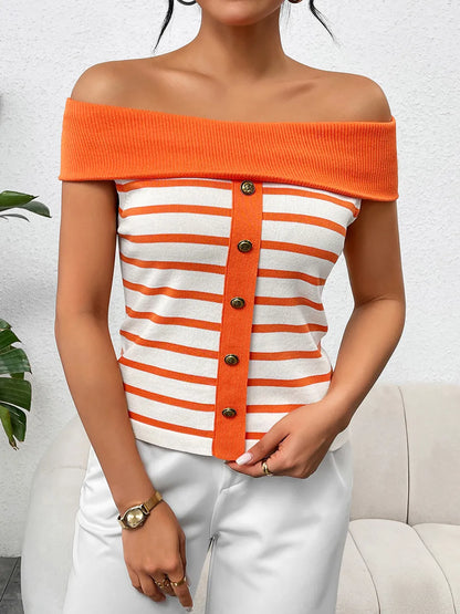 Decorative Button Striped Off-Shoulder Knit Top - adritiX