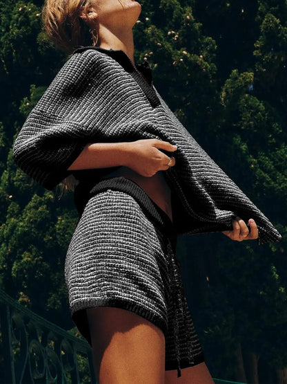 Collared Neck Contrast Striped Top and Shorts Sweater Set - adritiX