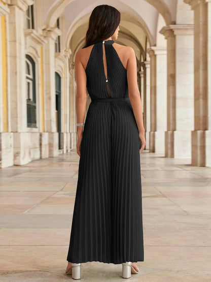 Elegant Cutout Tied Pleated Sleeveless Jumpsuit - adritiX