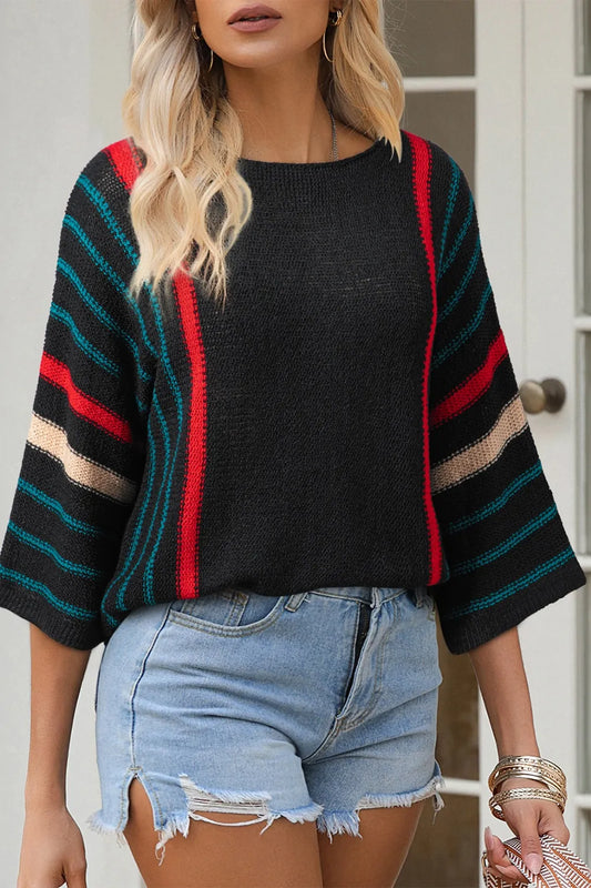 Striped Boat Neck Three-Quarter Sleeve Knit Top - adritiX