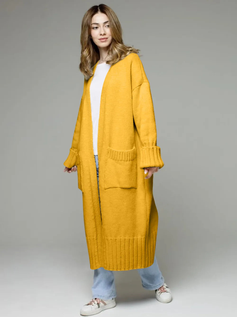 Pocketed Open Front Dropped Shoulder Cardigan - adritiX