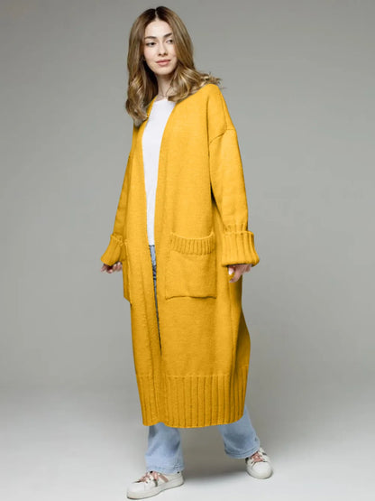 Pocketed Open Front Dropped Shoulder Cardigan - adritiX