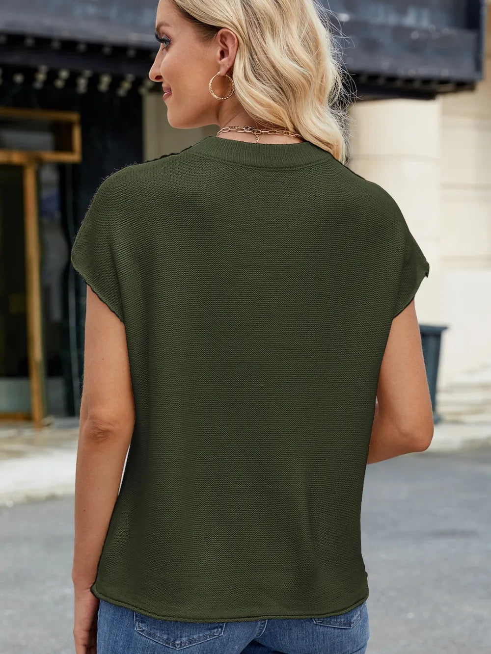 Exposed Seam Round Neck Short Sleeve Sweater - adritiX