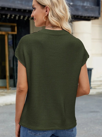 Exposed Seam Round Neck Short Sleeve Sweater - adritiX