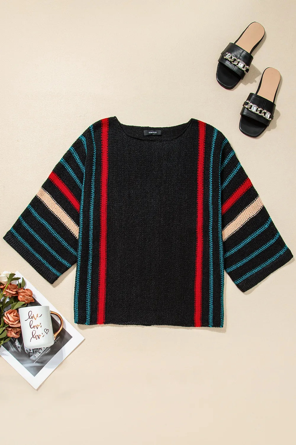 Striped Boat Neck Three-Quarter Sleeve Knit Top - adritiX
