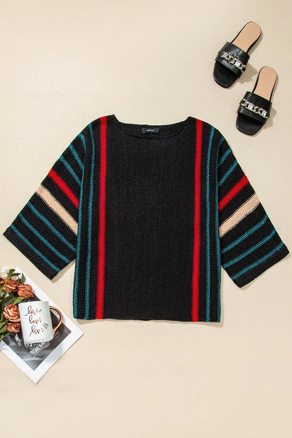 Striped Boat Neck Three-Quarter Sleeve Knit Top - adritiX