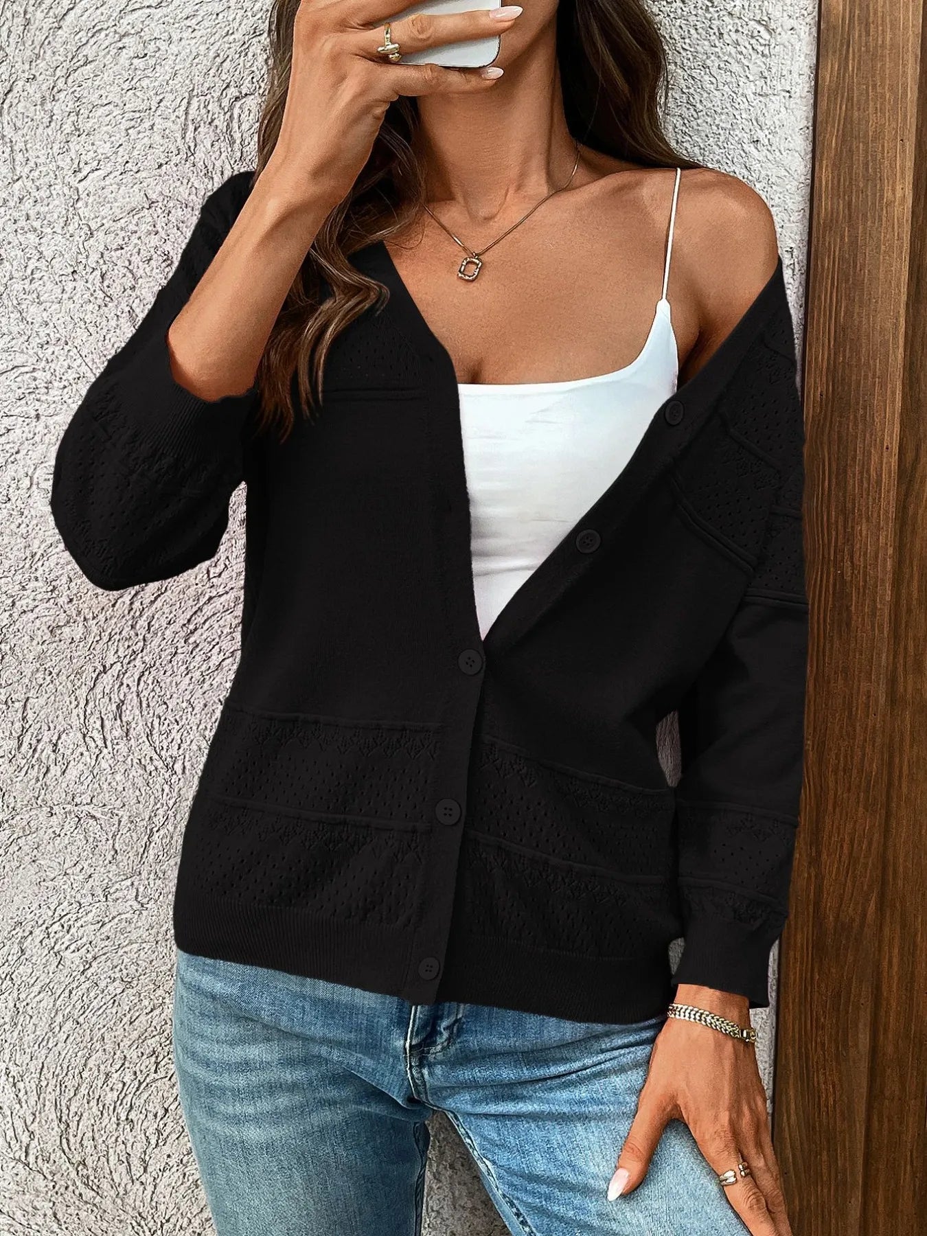 Textured Button-Front Cardigan with 3/4 Sleeves - adritiX