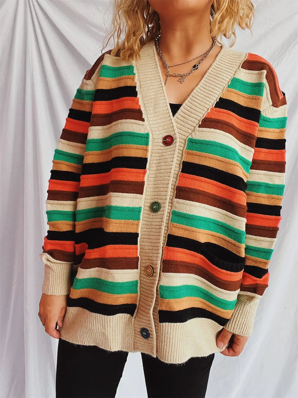 Contrast Stripes Button Up Long Sleeve Cardigan - adritiX