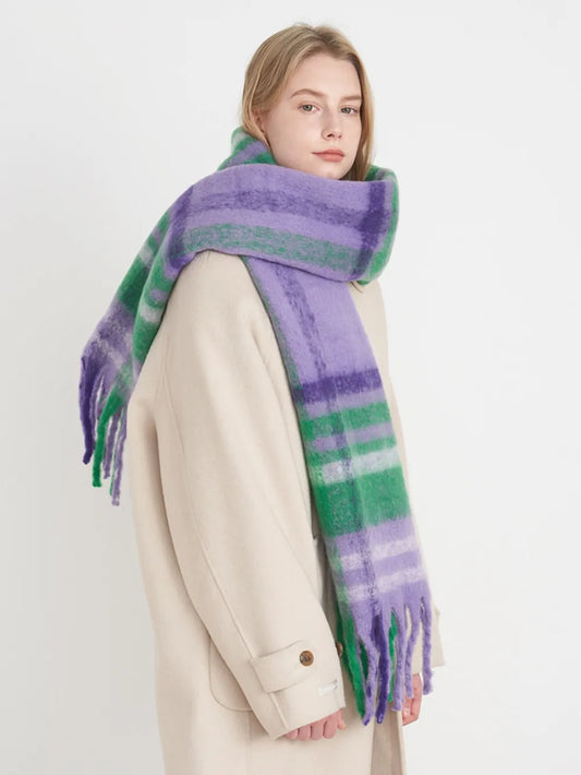 Fringe Plaid Polyester Scarf - adritiX