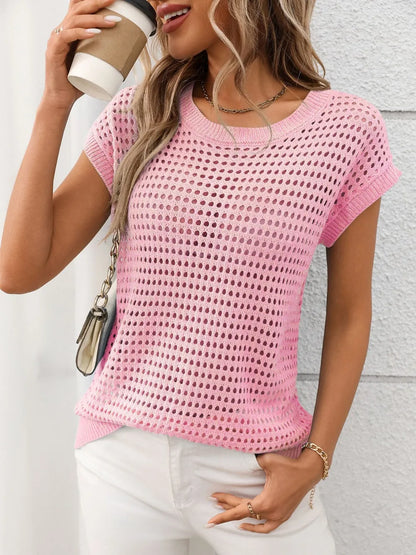 Openwork Round Neck Short Sleeve Knit Cover Up - adritiX