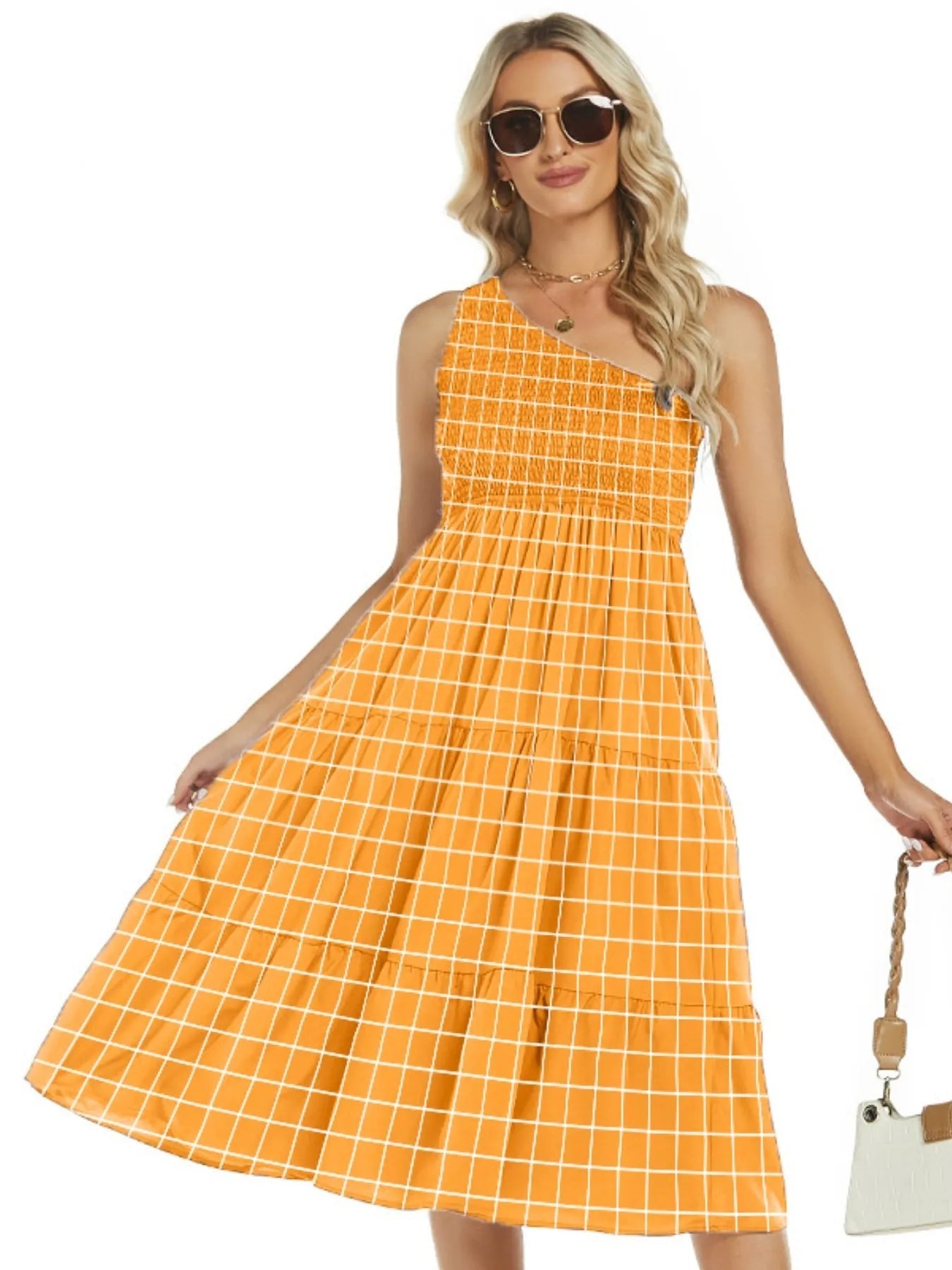 One-Shoulder Tiered Midi Dress with Smocked Bodice - adritiX