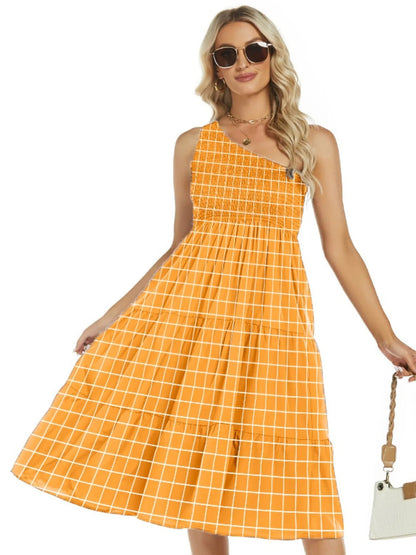 One-Shoulder Tiered Midi Dress with Smocked Bodice - adritiX