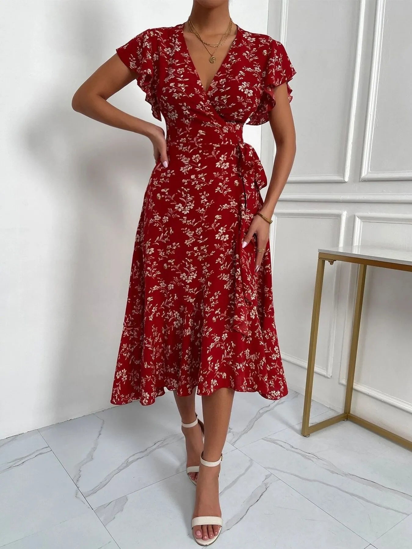 Floral Ruffle Sleeves Midi Dress - adritiX