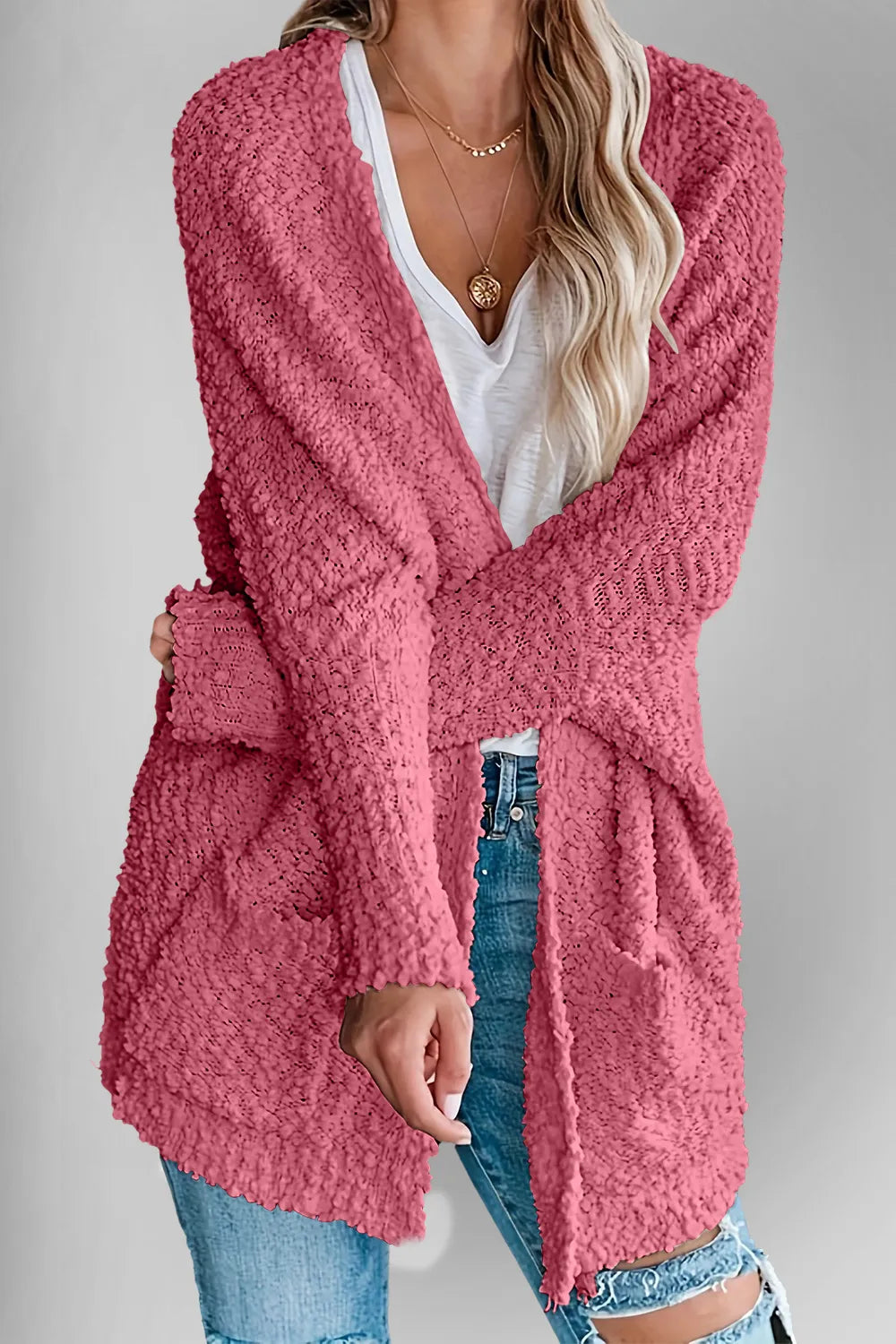Double Take Pocketed Open Front Long Sleeve Cardigan - adritiX