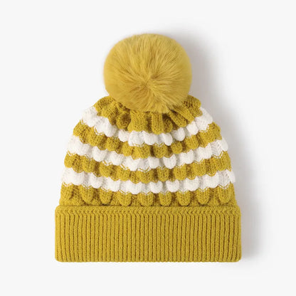Striped Contrast Knit Hat with Pom-pom - adritiX