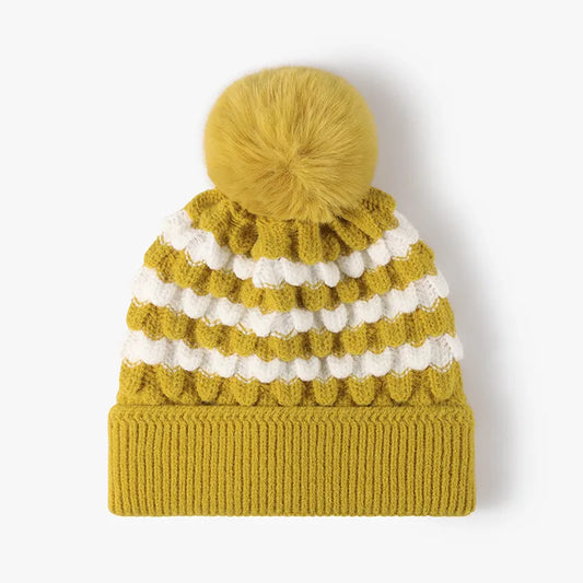 Striped Contrast Knit Hat with Pom-pom - adritiX