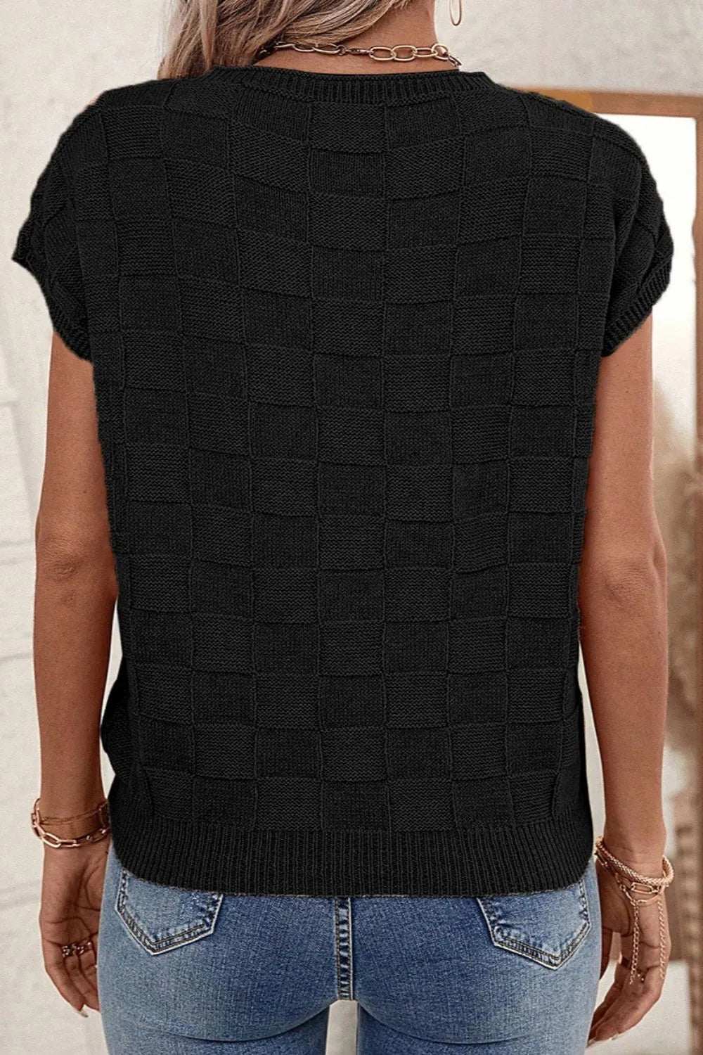 Pocketed Checkered Round Neck Knit Top - adritiX