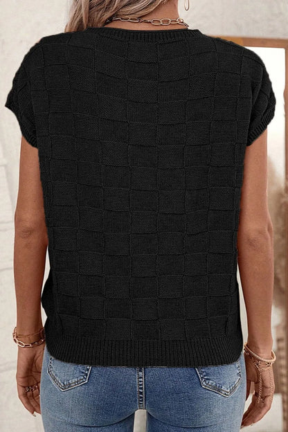 Pocketed Checkered Round Neck Knit Top - adritiX