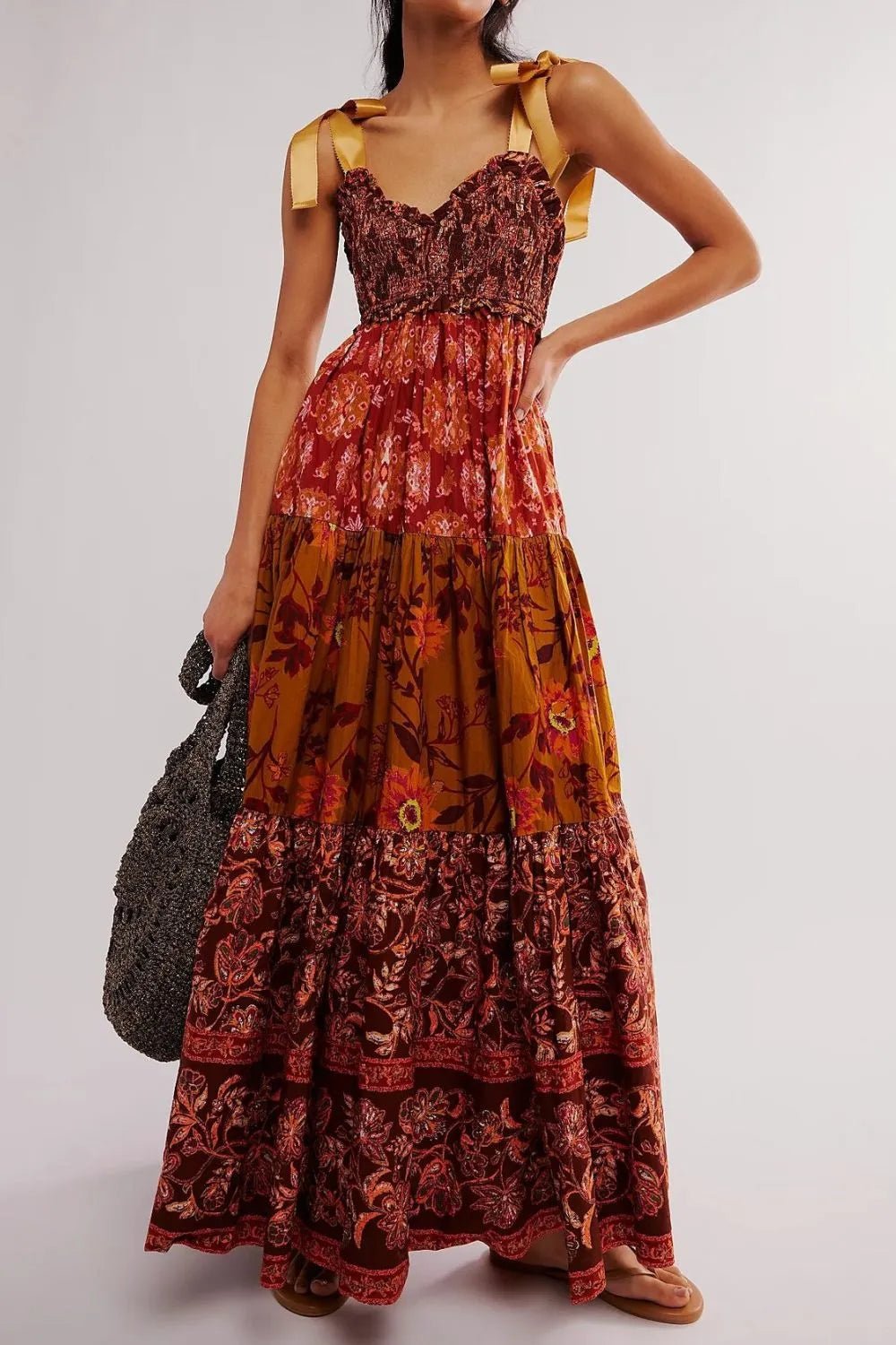 Floral Tiered Maxi Dress with Mixed Print Design - adritiX
