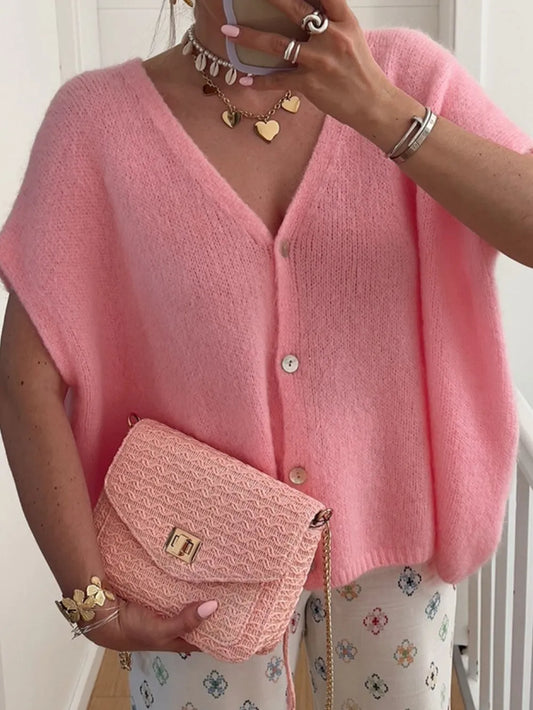 V-Neck Button Up Short Sleeve Cardigan - adritiX