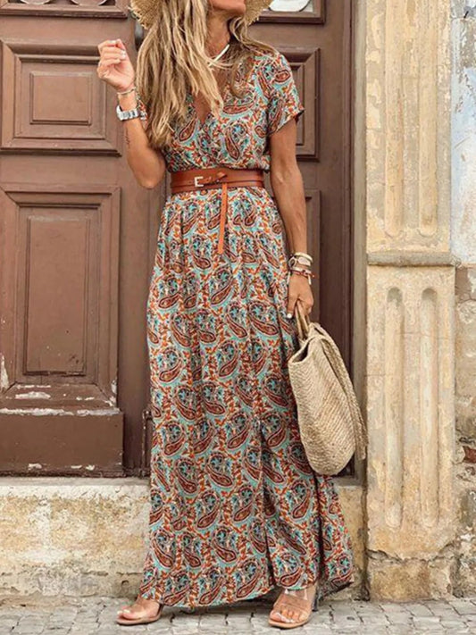 Full Size Printed V-Neck Short Sleeve Maxi Dress Plus Size - adritiX