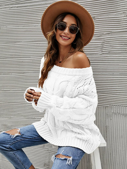 Cable Knit Openwork Off-Shoulder Sweater - adritiX
