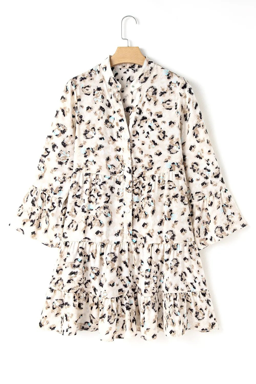 Leopard Print Buttoned Front 3/4 Sleeve Tiered Ruffled Hem Dress - adritiX