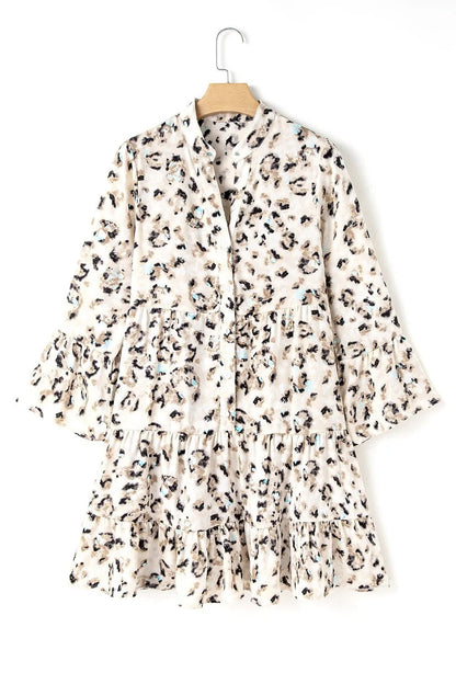 Leopard Print Buttoned Front 3/4 Sleeve Tiered Ruffled Hem Dress - adritiX