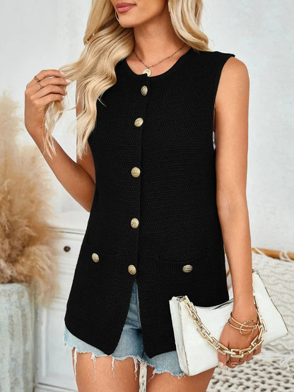 Button Down Round Neck Knit Vest - adritiX