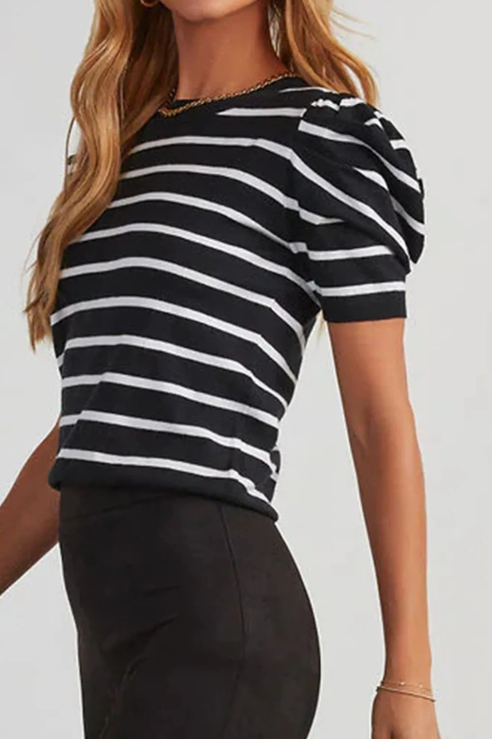 Stripe Ribbed Trim Round Neck Bubble Sleeve Knitted Top - adritiX