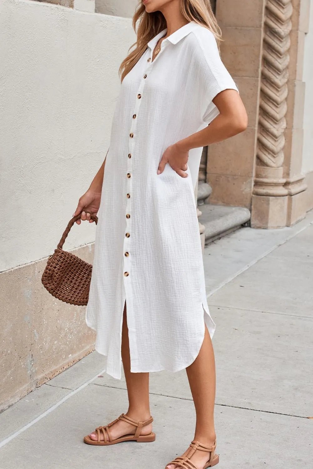 Button Down Short Sleeve Midi Shirt Dress - adritiX