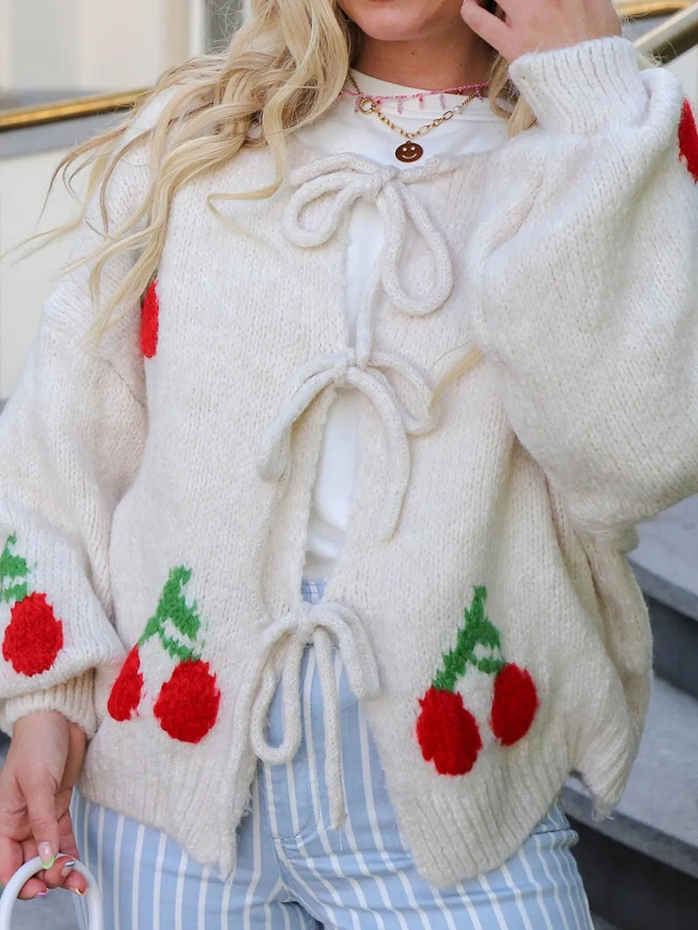 Tied Cherry Round Neck Long Sleeve Cardigan - adritiX