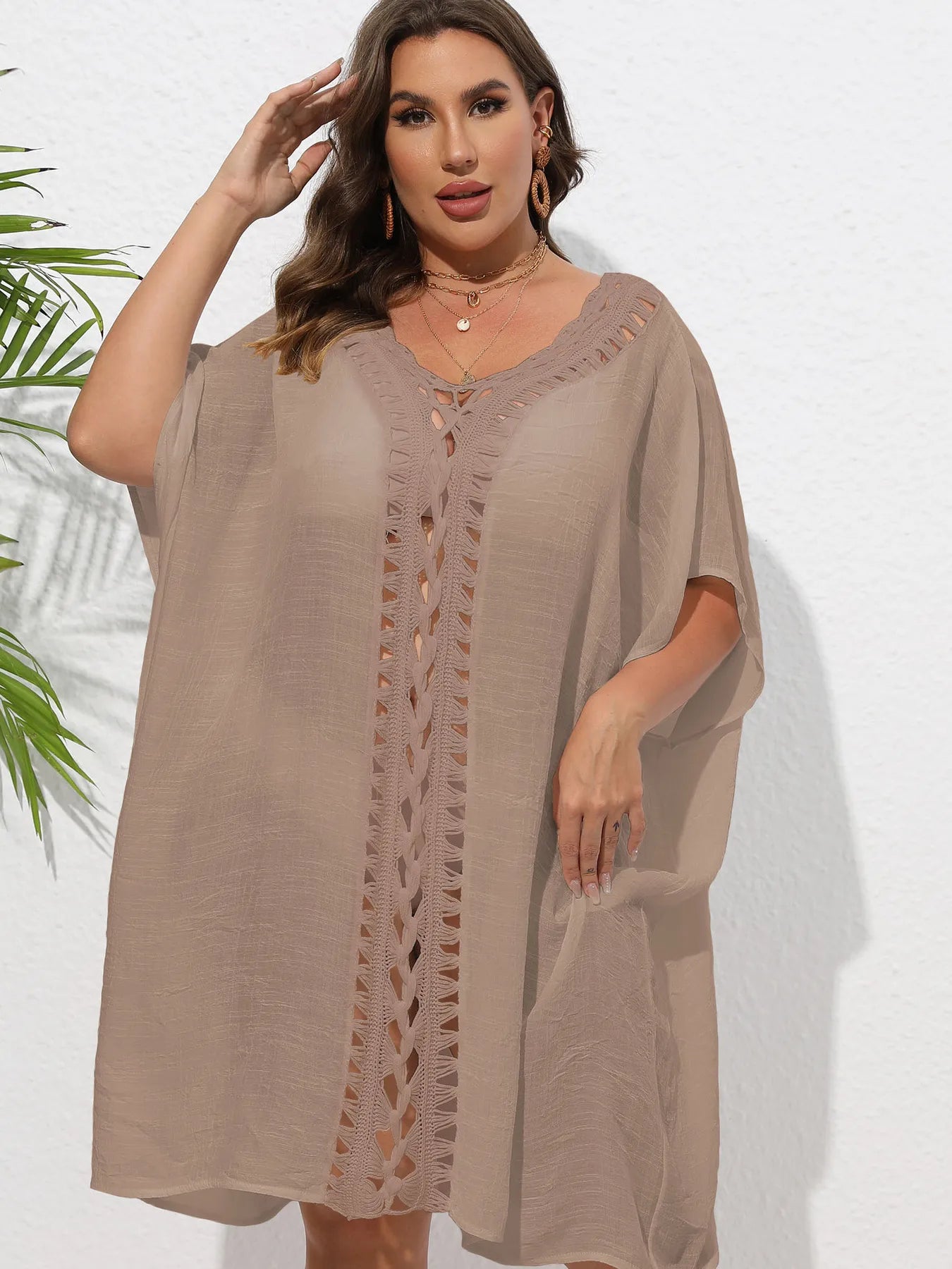 Crochet Trim V-Neck Beach Cover Up Dress - adritiX