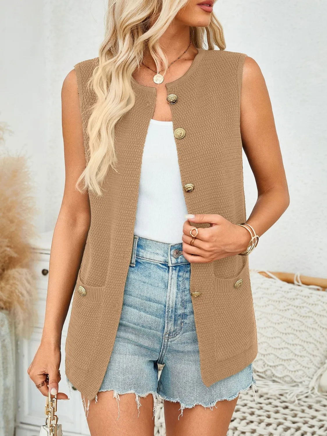 Button Down Round Neck Knit Vest - adritiX